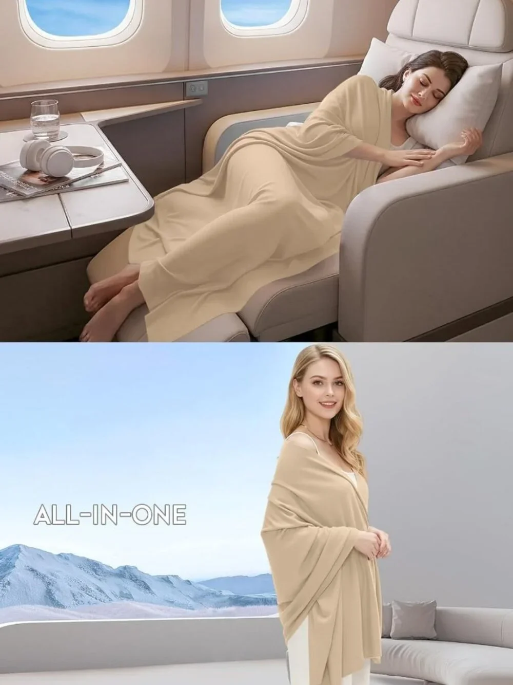 Lightweight Wool Blend Travel Scarf | Breathable Wrap Shawl & Airplane Blanket